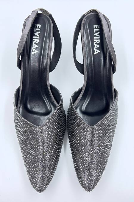 Elviraa By Pranali A Oswal Grey Rhinestone Embellished Spool Heels 