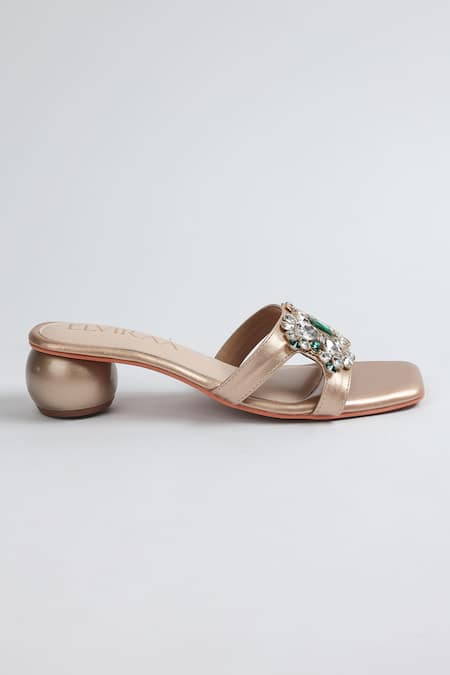 Shop_Elviraa By Pranali A Oswal_Gold Stones Embellished Round Heels _Online_at_Aza_Fashions