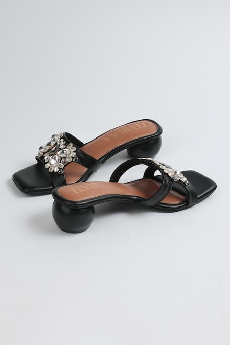 Elviraa By Pranali A Oswal Black Stone Embellished Round Block Heels 