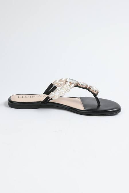 Elviraa By Pranali A Oswal_Black Stone And Pearl Embellished T-strap Flats _Online_at_Aza_Fashions