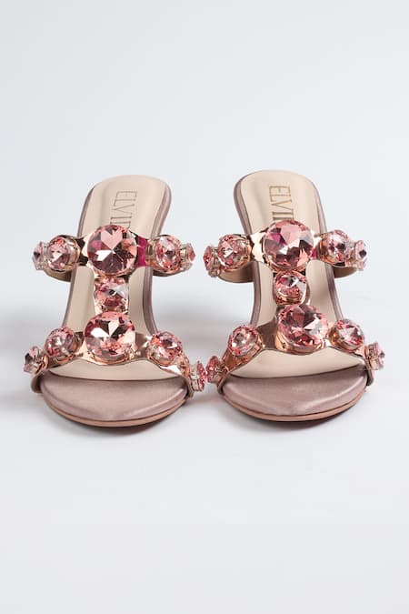 Elviraa By Pranali A Oswal Pink Stone Embellished T-strap Heels 