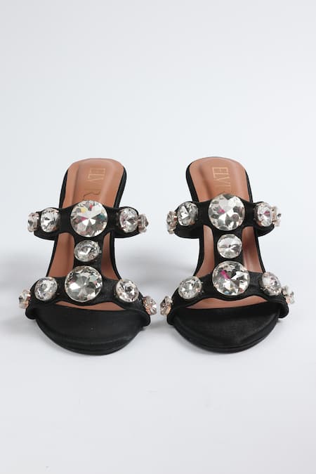 Elviraa By Pranali A Oswal Black Stone Embellished T-strap French Heels 