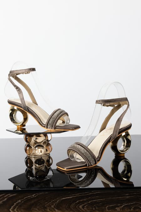 Elviraa By Pranali A Oswal Brown Rhinestones Embellished Puffy Strap Heels 