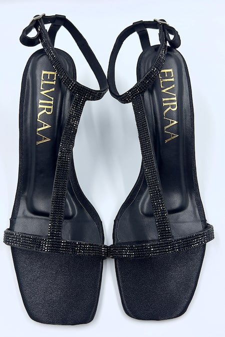 Elviraa By Pranali A Oswal Black Rhinestone Embellished T-strap Heels 