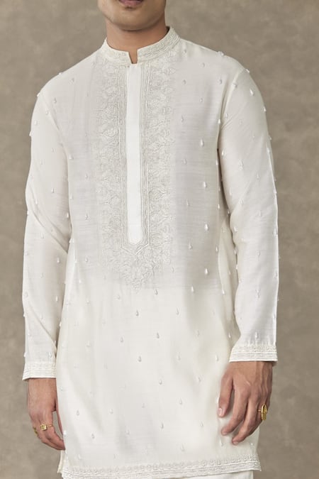 Shop_Masaba_Ivory Chanderi Embroidered Pearl Embellished Short Kurta_Online_at_Aza_Fashions