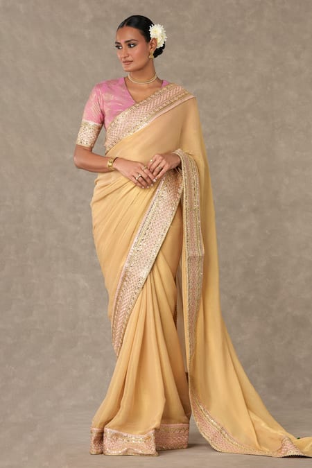 Masaba Gold Saree Tissue Georgette Embroidered Bordered With Unstitched Blouse Piece 