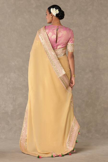Shop Masaba Gold Tissue, Georgette Embroidered Bordered Saree With Unstitched Blouse Piece at Aza Fashions Shop_Masaba_Gold Tissue, Georgette Embroidered Bordered Saree With Unstitched Blouse Piece_at_Aza_Fashions