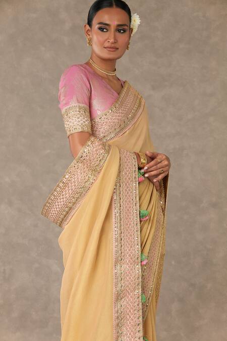 Shop Masaba Gold Tissue, Georgette Embroidered Bordered Saree With Unstitched Blouse Piece Online at Aza Fashions Shop_Masaba_Gold Tissue, Georgette Embroidered Bordered Saree With Unstitched Blouse Piece_Online_at_Aza_Fashions