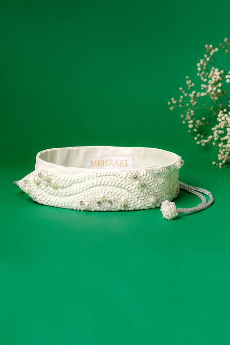 Mehraki White Pearls, Sequins The Gallore Embroidered Belt Online at Aza Fashions Mehraki_White Pearls, Sequins The Gallore Embroidered Belt_Online_at_Aza_Fashions