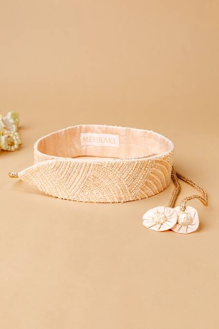 Mehraki_Beige Sequin The Rose Radiance Embroidered Belt _Online_at_Aza_Fashions
