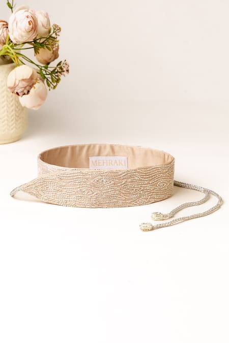 Mehraki_Beige Cutdana Embroidered Belt _Online_at_Aza_Fashions