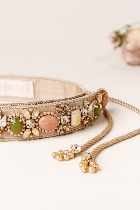 Mehraki_Beige Stone The Cove Embellished Belt _Online_at_Aza_Fashions