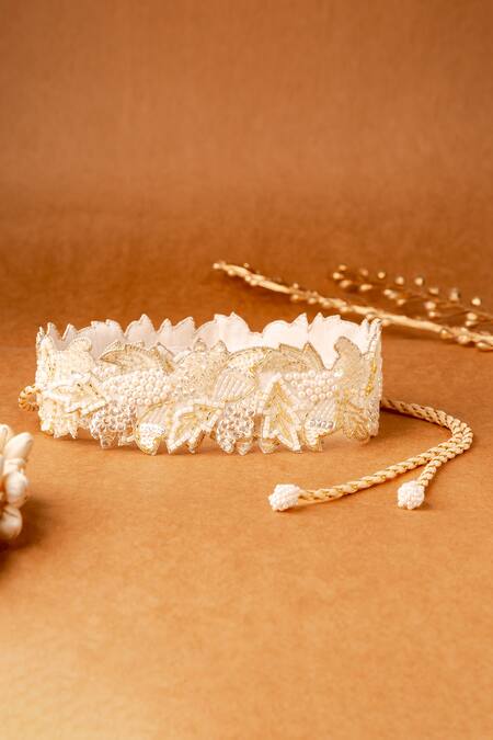 Mehraki Ivory Cut Work, Sequins, Zari The Splendor Leaves Embroidered Belt Online at Aza Fashions Mehraki_Ivory Cut Work, Sequins, Zari The Splendor Leaves Embroidered Belt_Online_at_Aza_Fashions