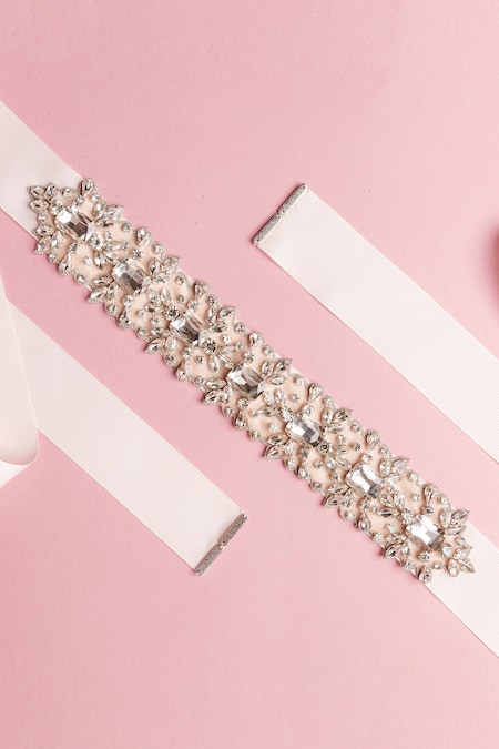 Buy_Mehraki_Beige Ribbon The Blingstone Embellished Belt _Online_at_Aza_Fashions