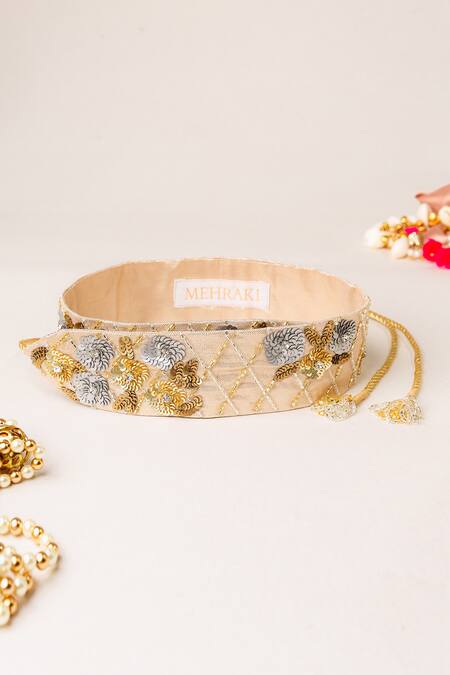 Mehraki Gold Cut Work, Sequins, Stones The Floral Gingham Embroidered Belt Online at Aza Fashions Mehraki_Gold Cut Work, Sequins, Stones The Floral Gingham Embroidered Belt_Online_at_Aza_Fashions