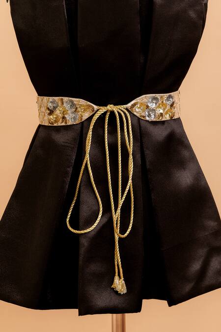 Buy Mehraki Gold Cut Work, Sequins, Stones The Floral Gingham Embroidered Belt Online at Aza Fashions Buy_Mehraki_Gold Cut Work, Sequins, Stones The Floral Gingham Embroidered Belt_Online_at_Aza_Fashions