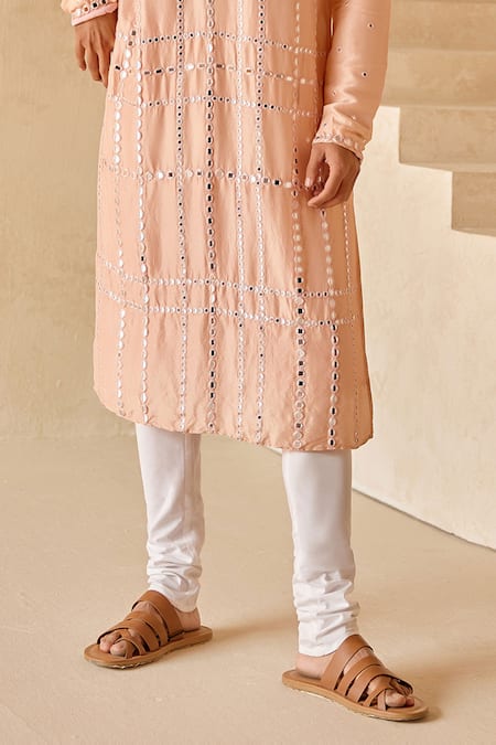 Twenty Nine_Peach Mohair Mirrors Embroidered Straight Kurta And Churidar Set _Online_at_Aza_Fashions