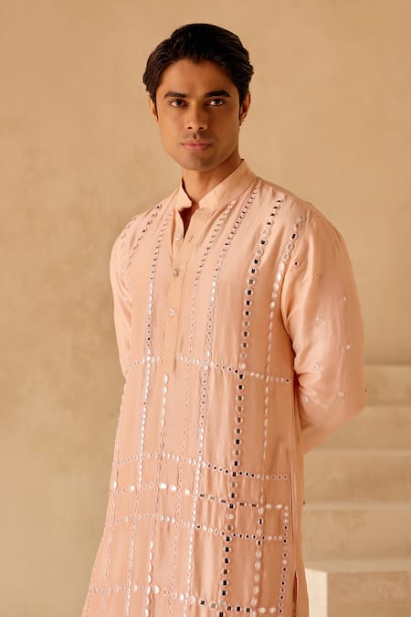 Shop_Twenty Nine_Peach Mohair Mirrors Embroidered Straight Kurta And Churidar Set _Online_at_Aza_Fashions
