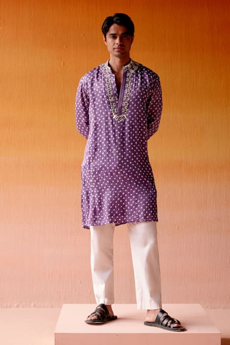 Twenty Nine Purple Gajji Silk Embroidered Mirror Bandhani Kurta And Pant Set 
