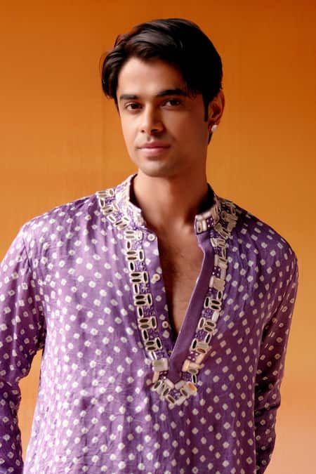 Twenty Nine_Purple Gabardine, Cotton Mirrors Bandhani Embroidered Kurta And Pant Set _Online_at_Aza_Fashions