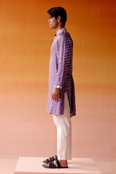 Shop_Twenty Nine_Purple Gabardine, Cotton Mirrors Bandhani Embroidered Kurta And Pant Set _Online_at_Aza_Fashions