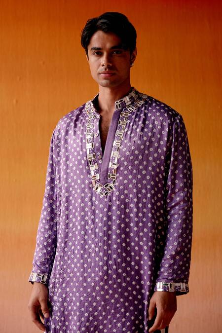 Twenty Nine_Purple Gabardine, Cotton Mirrors Bandhani Embroidered Kurta And Pant Set _at_Aza_Fashions