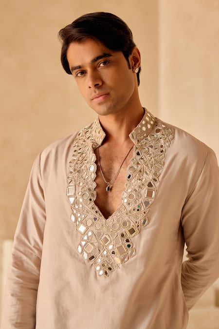 Shop Twenty Nine Beige Silk Embroidery Mirror Kurta And Pant Set Online at Aza Fashions Shop_Twenty Nine_Beige Silk Embroidery Mirror Kurta And Pant Set _Online_at_Aza_Fashions