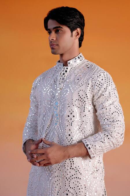 Shop Twenty Nine White Georgette, Cotton Mirrors Embroidered Straight Kurta And Salwar Set Online at Aza Fashions Shop_Twenty Nine_White Georgette, Cotton Mirrors Embroidered Straight Kurta And Salwar Set _Online_at_Aza_Fashions