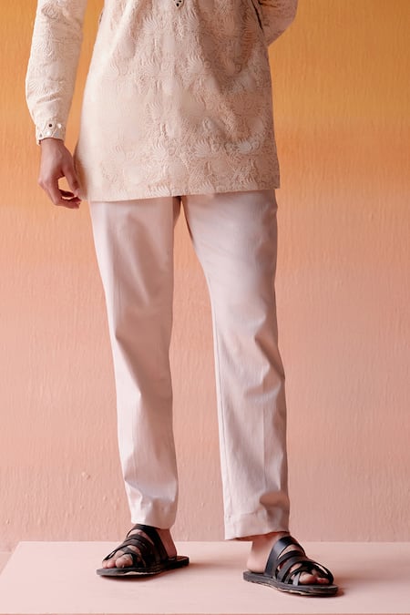 Twenty Nine_Beige Silk Mirrors, Beads Chikankari Floral Embroidered Kurta And Pant Set _Online_at_Aza_Fashions