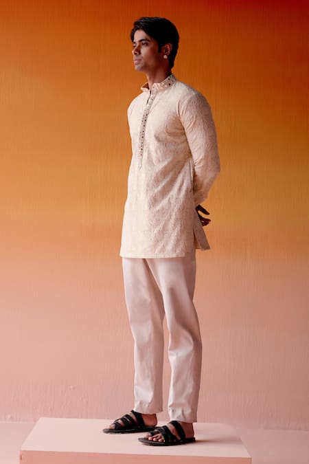 Buy_Twenty Nine_Beige Silk Mirrors, Beads Chikankari Floral Embroidered Kurta And Pant Set _Online_at_Aza_Fashions