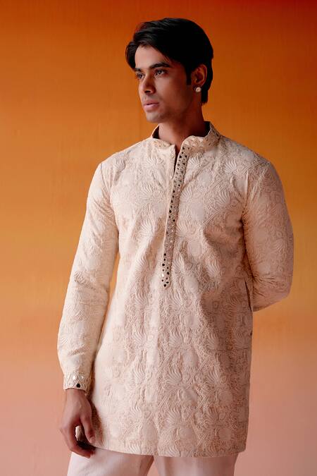 Shop_Twenty Nine_Beige Silk Mirrors, Beads Chikankari Floral Embroidered Kurta And Pant Set _Online_at_Aza_Fashions