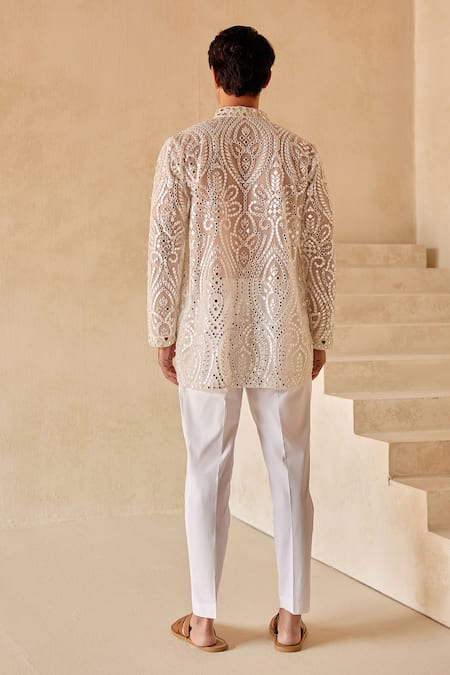 Shop Twenty Nine White Net, Cotton Mirrors Embroidered Kurta And Pant Set at Aza Fashions Shop_Twenty Nine_White Net, Cotton Mirrors Embroidered Kurta And Pant Set _at_Aza_Fashions