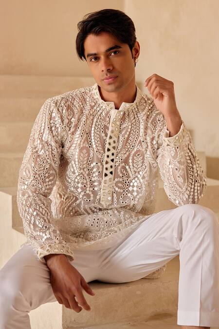 Shop Twenty Nine White Net, Cotton Mirrors Embroidered Kurta And Pant Set Online at Aza Fashions Shop_Twenty Nine_White Net, Cotton Mirrors Embroidered Kurta And Pant Set _Online_at_Aza_Fashions