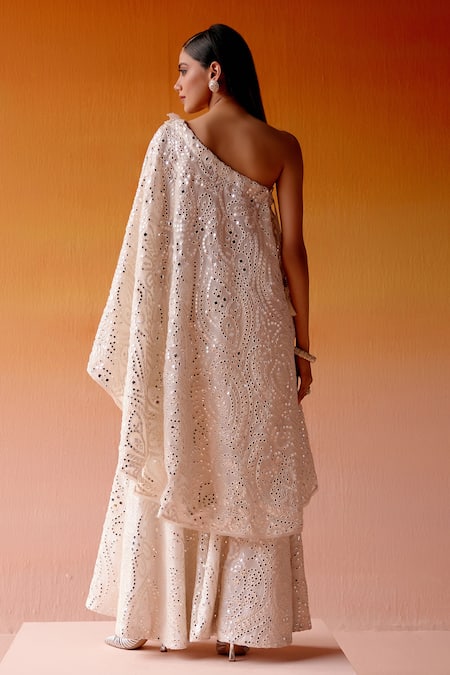 Twenty Nine White Net, Georgette Mirrors, Embroidery 3d Floral Sharara Online at Aza Fashions Twenty Nine_White Net, Georgette Mirrors, Embroidery 3d Floral Sharara _Online_at_Aza_Fashions