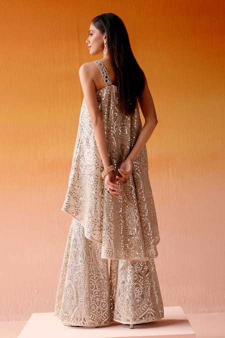 Shop_Twenty Nine_Silver Net Mirrors Embellished Bootcut Pant _at_Aza_Fashions
