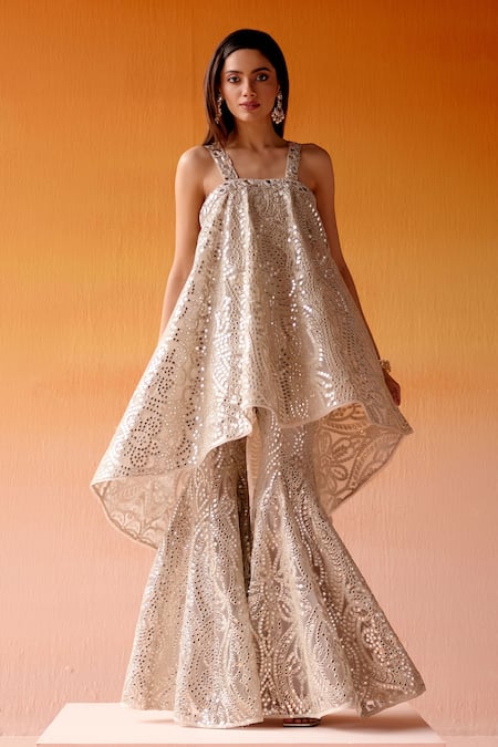 Buy_Twenty Nine_Silver Net Mirrors Embellished Bootcut Pant _Online_at_Aza_Fashions