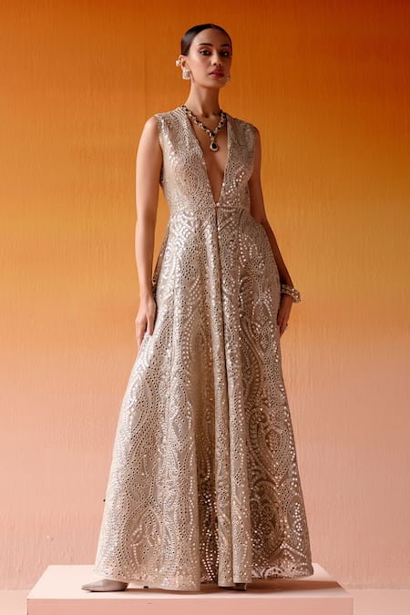 Twenty Nine_Grey Net Plain Brocade Pant _Online_at_Aza_Fashions
