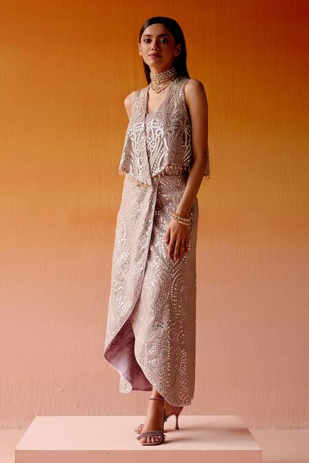 Twenty Nine_Purple Tissue Mirrors, Beads, Embroidery Bandeau Overlap Embellished Skirt Set _Online_at_Aza_Fashions