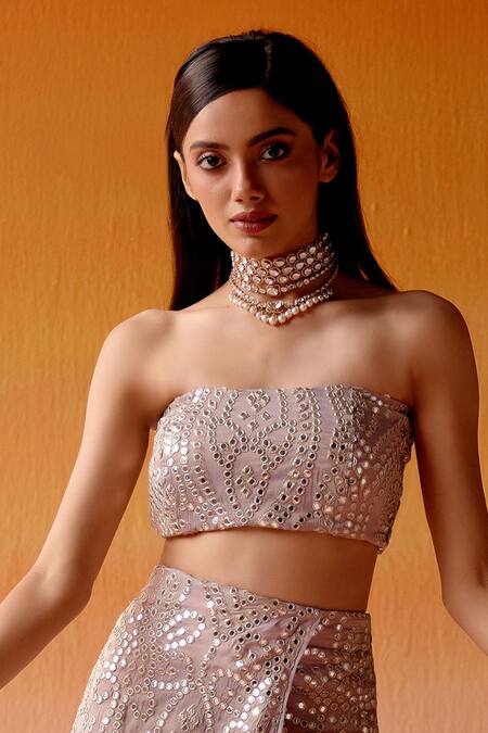 Shop_Twenty Nine_Purple Tissue Mirrors, Beads, Embroidery Bandeau Overlap Embellished Skirt Set _Online_at_Aza_Fashions