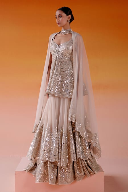 Buy_Twenty Nine_Ivory Net, Tissue Mirrors Sweetheart Neck Embellished Tiered Lehenga Set _Online_at_Aza_Fashions