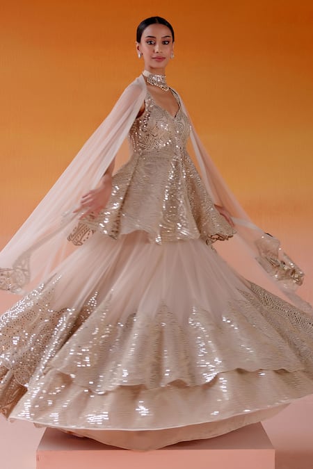 Twenty Nine_Ivory Net, Tissue Mirrors Sweetheart Neck Embellished Tiered Lehenga Set _at_Aza_Fashions