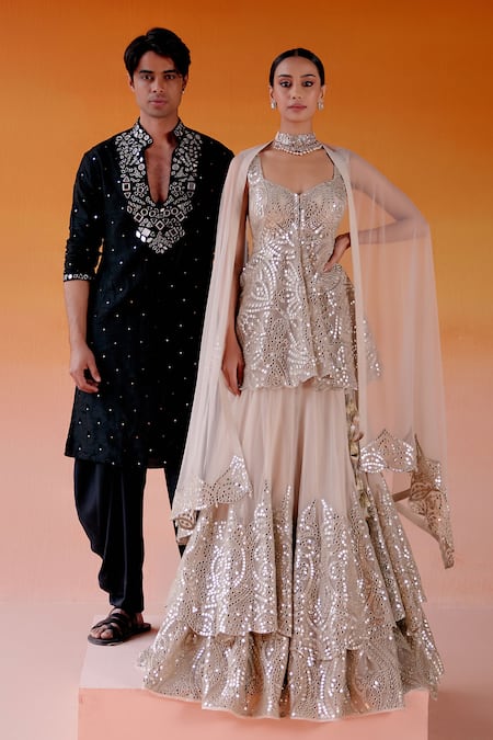 Buy_Twenty Nine_Ivory Net, Tissue Mirrors Sweetheart Neck Embellished Tiered Lehenga Set 