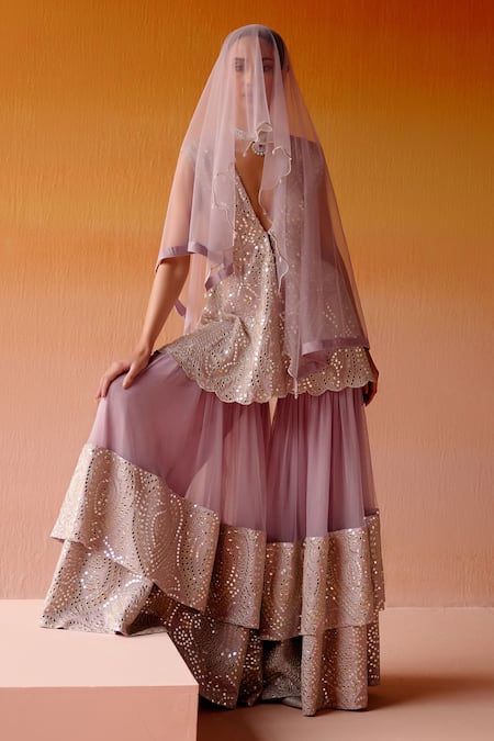 Twenty Nine_Purple Tissue, Net Beads, Mirrors V-neck Tiered Embellished Sharara Set _Online_at_Aza_Fashions