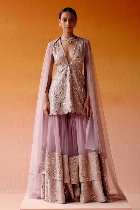 Buy_Twenty Nine_Purple Tissue, Net Beads, Mirrors V-neck Tiered Embellished Sharara Set _Online_at_Aza_Fashions