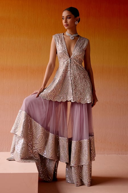 Twenty Nine_Purple Tissue, Net Beads, Mirrors V-neck Tiered Embellished Sharara Set _at_Aza_Fashions