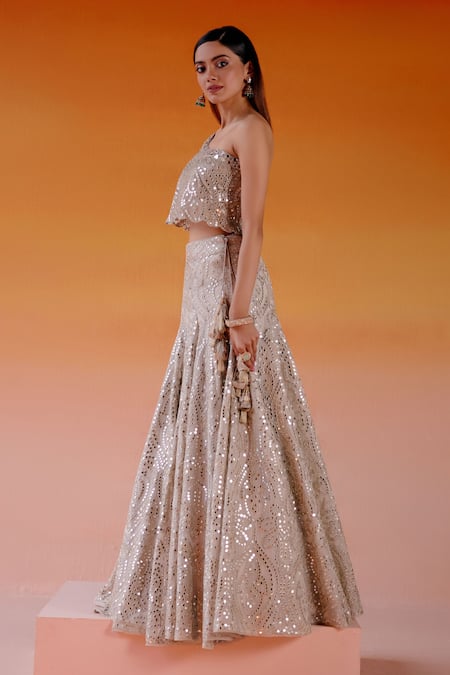 Twenty Nine Beige Net, Georgette Mirrors Conical Embellished Kalidar Lehenga And Blouse Set Online at Aza Fashions Twenty Nine_Beige Net, Georgette Mirrors Conical Embellished Kalidar Lehenga And Blouse Set _Online_at_Aza_Fashions