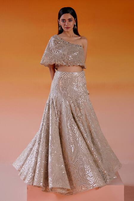 Buy Twenty Nine Beige Net, Georgette Mirrors Conical Embellished Kalidar Lehenga And Blouse Set Online at Aza Fashions Buy_Twenty Nine_Beige Net, Georgette Mirrors Conical Embellished Kalidar Lehenga And Blouse Set _Online_at_Aza_Fashions