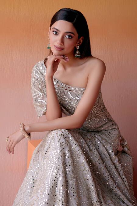 Twenty Nine Beige Net, Georgette Mirrors Conical Embellished Kalidar Lehenga And Blouse Set at Aza Fashions Twenty Nine_Beige Net, Georgette Mirrors Conical Embellished Kalidar Lehenga And Blouse Set _at_Aza_Fashions