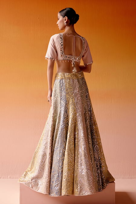 Shop Twenty Nine Multi Color Tissue Beads, Mirrors, Tassels V-neck Block Embellished Lehenga Set at Aza Fashions Shop_Twenty Nine_Multi Color Tissue Beads, Mirrors, Tassels V-neck Block Embellished Lehenga Set _at_Aza_Fashions