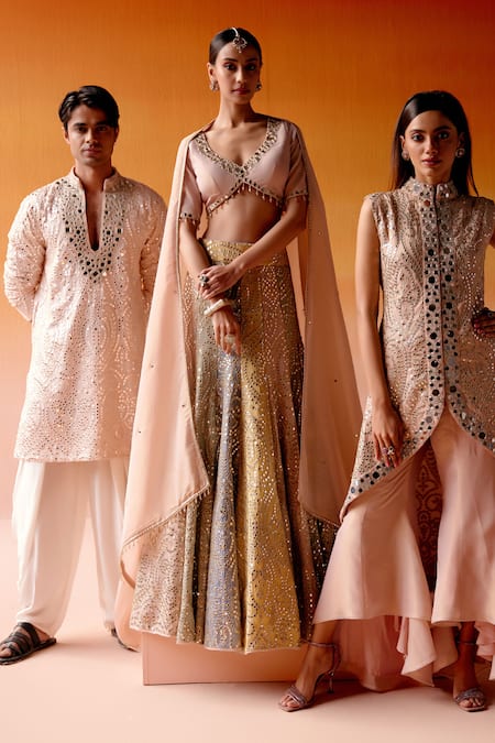 Twenty Nine Multi Color Tissue Beads, Mirrors, Tassels V-neck Block Embellished Lehenga Set Online at Aza Fashions Twenty Nine_Multi Color Tissue Beads, Mirrors, Tassels V-neck Block Embellished Lehenga Set _Online_at_Aza_Fashions